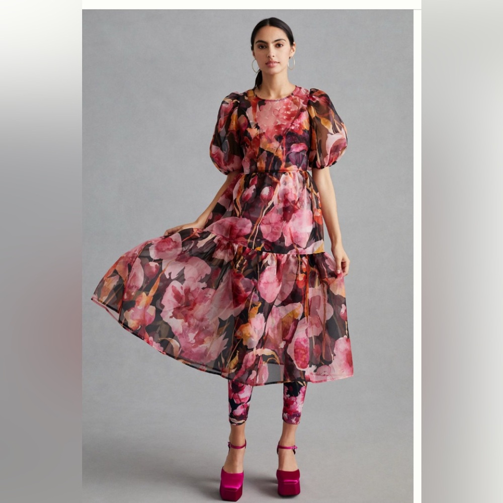 Anthropologie Floral Midi Dress in Pink and Black